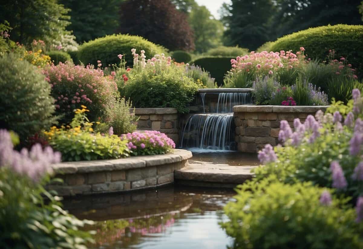 A serene English garden with a flowing water feature, surrounded by lush greenery and colorful flowers