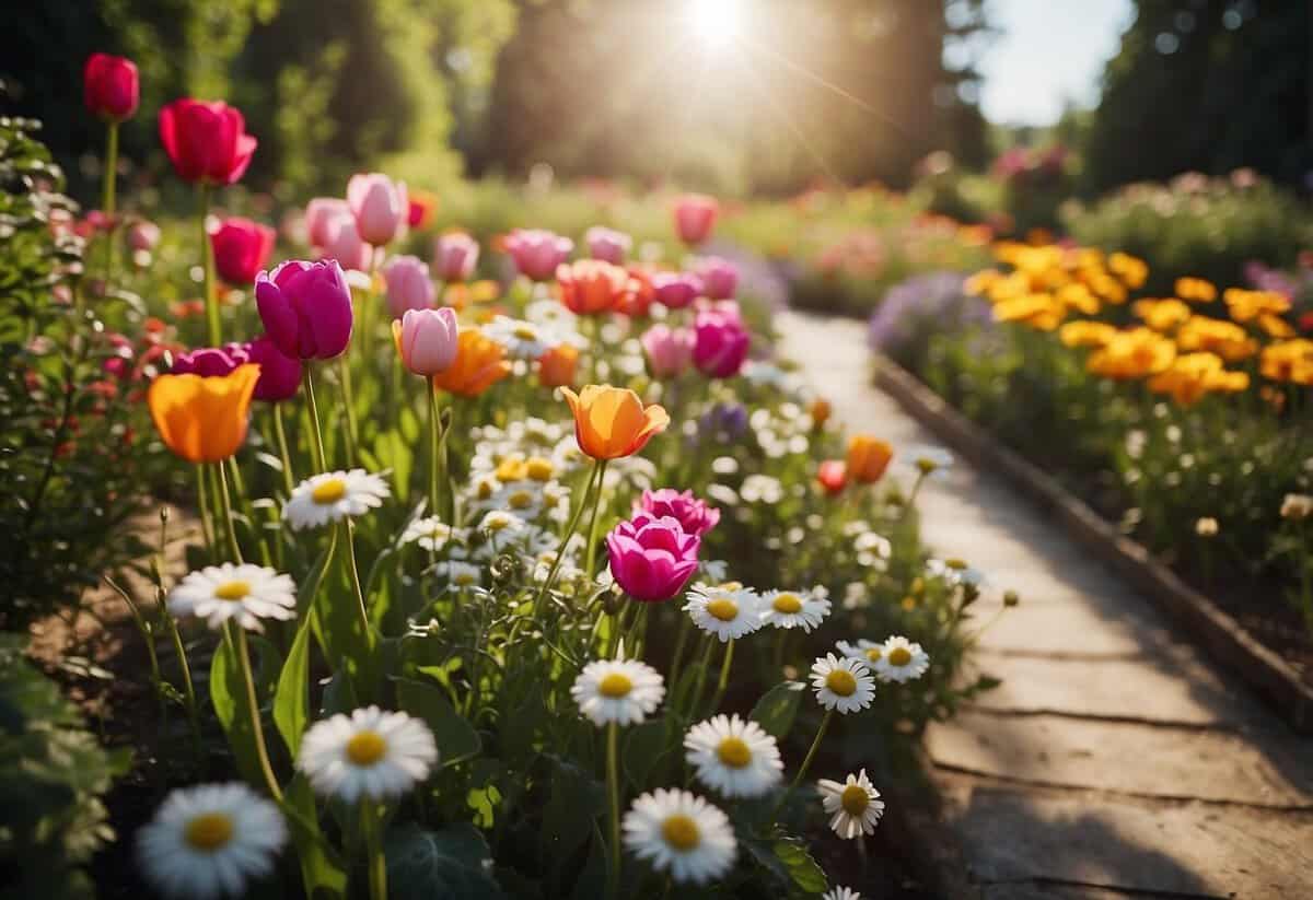 A colorful array of flowers fills the English garden, with roses, daisies, and tulips blooming in the sunlight