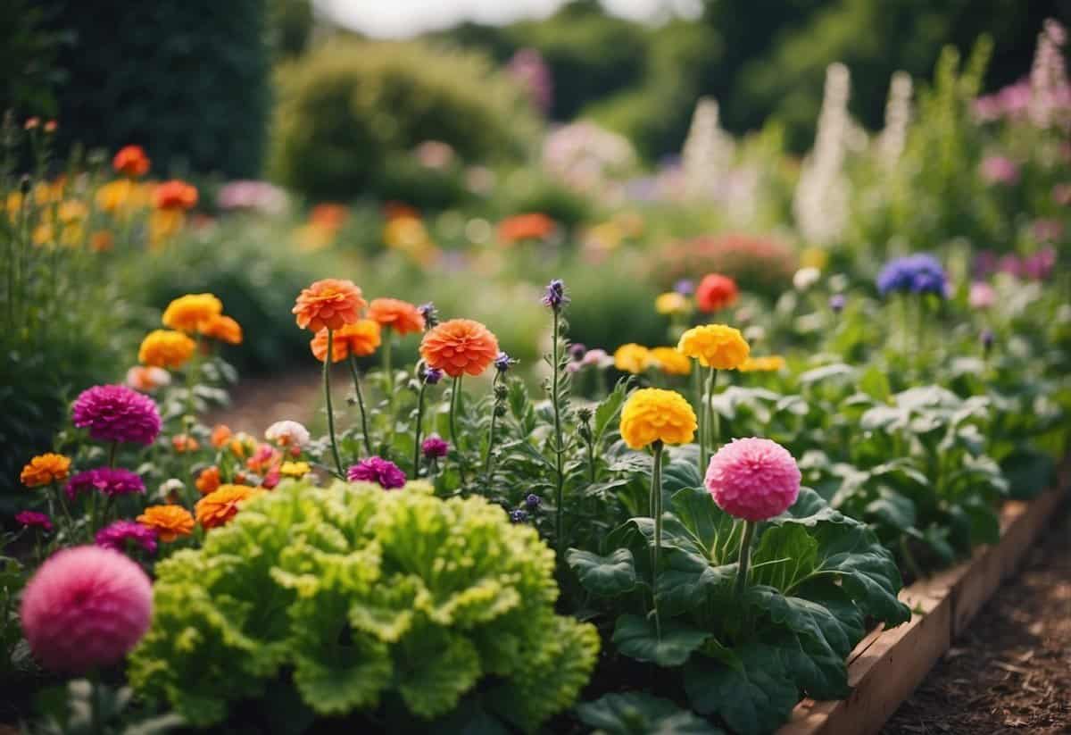 A lush vegetable patch surrounded by colorful flowers in an English garden