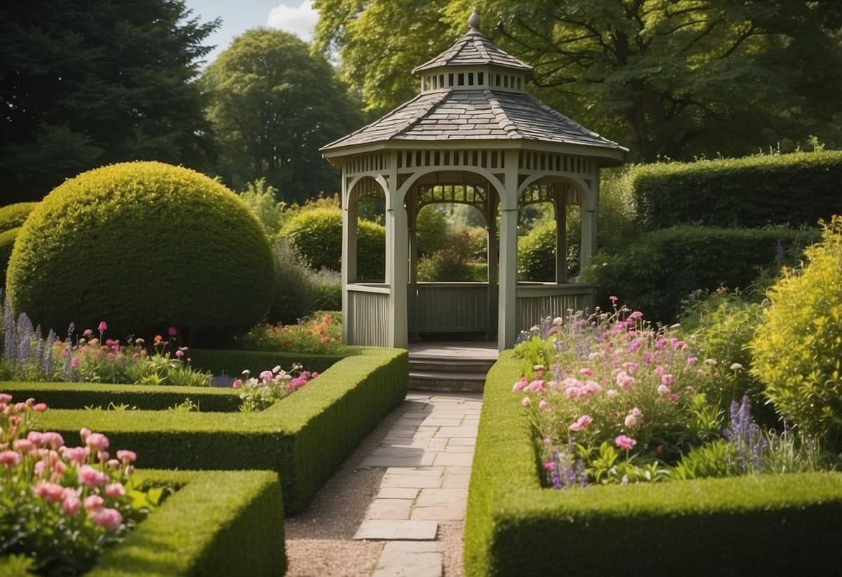 A lush English garden with neatly trimmed hedges, colorful flowers in full bloom, and a quaint stone pathway leading to a charming gazebo