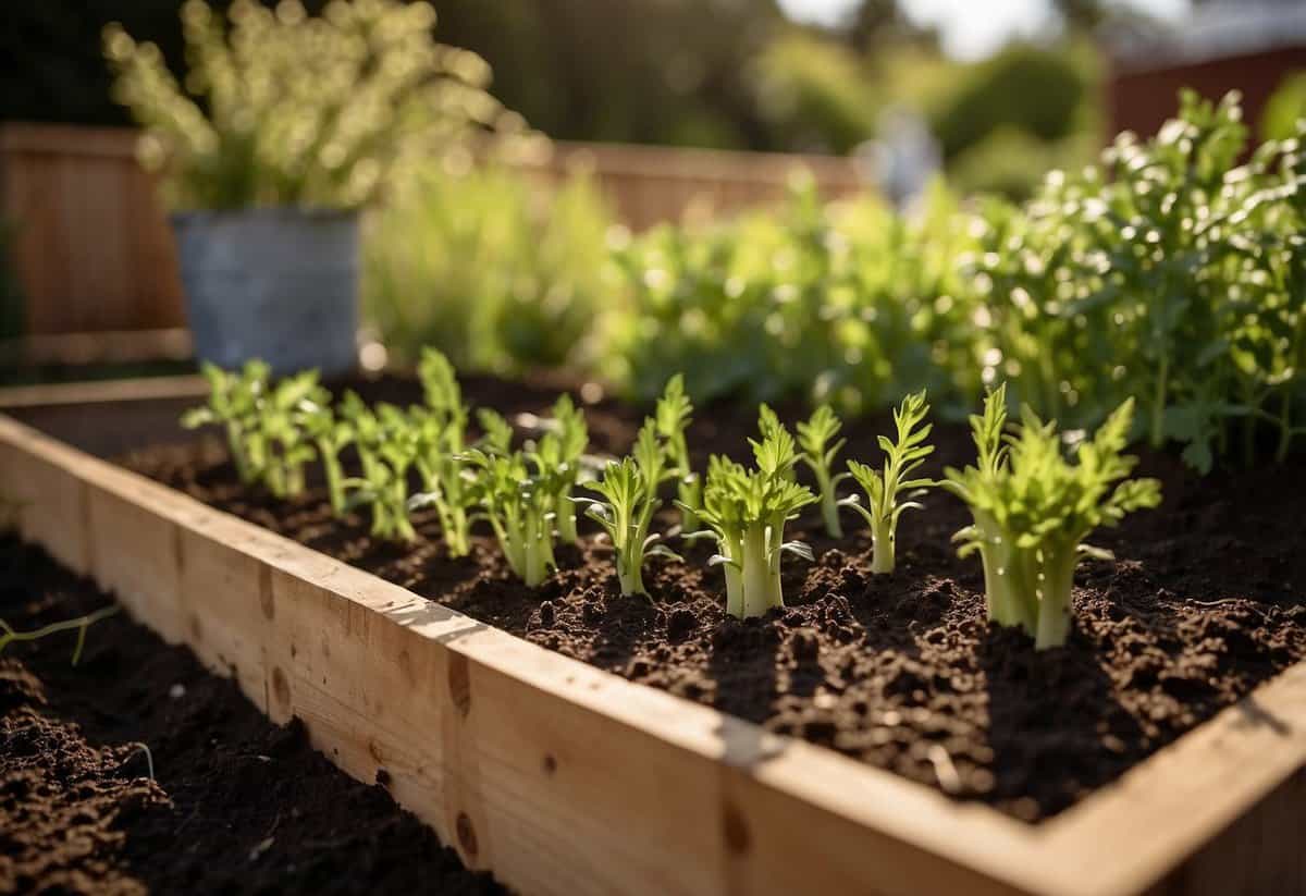 A garden with raised beds, rich soil, and ample sunlight. Asparagus plants neatly spaced, with mulch to retain moisture. Garden tools and a watering can nearby