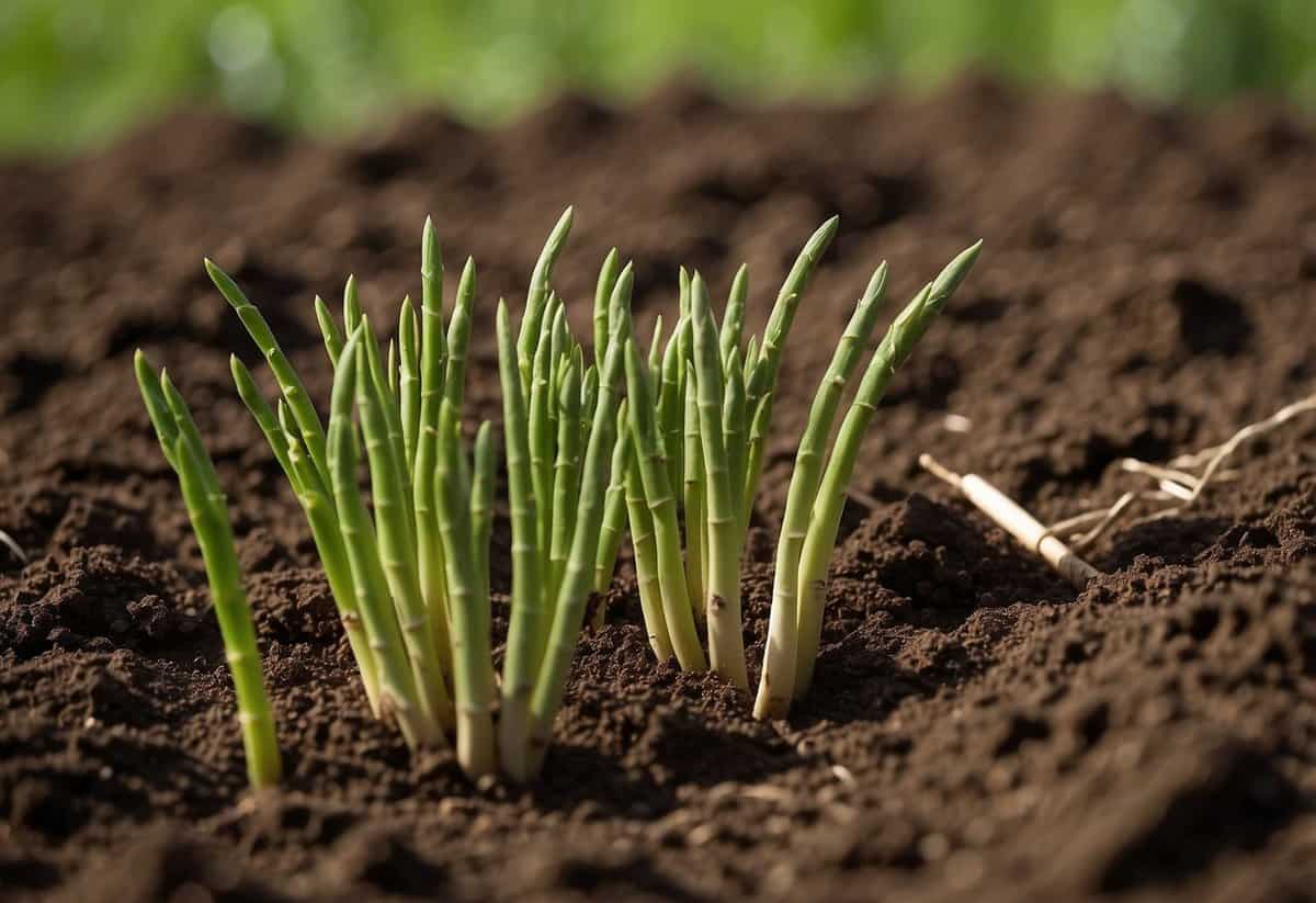 Rich soil with small mounds, asparagus shoots emerging, labeled plant markers, and gardening tools nearby