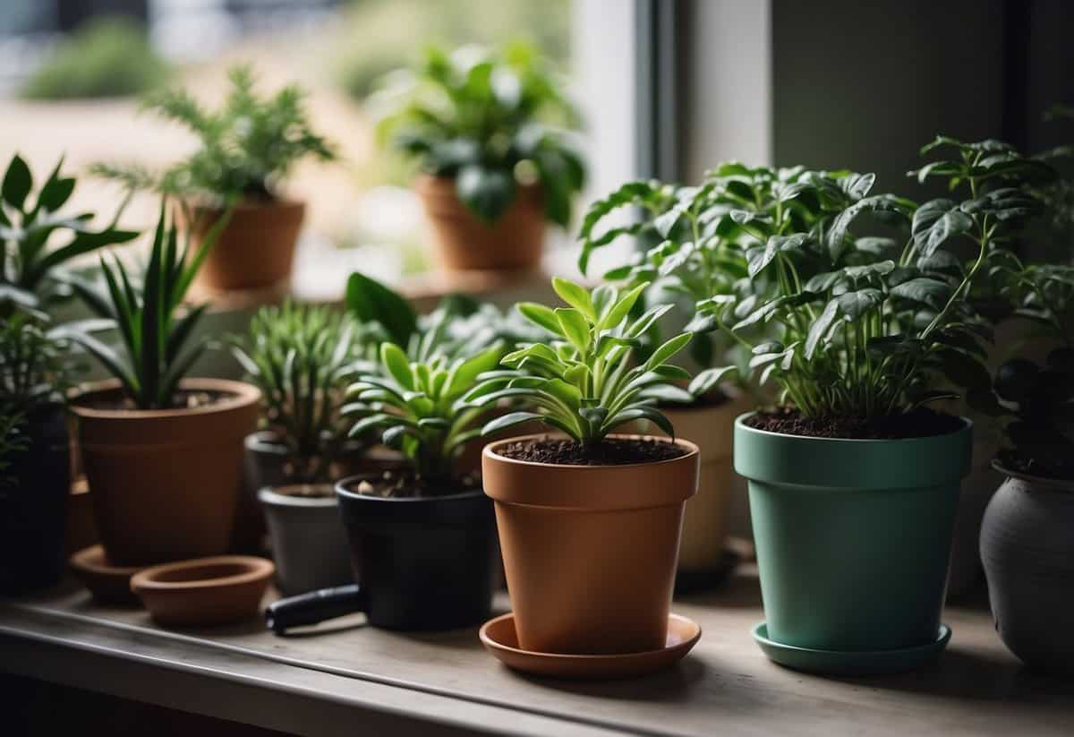 A potted plant sits on a windowsill, surrounded by small gardening tools and bags of soil. The leaves are lush and green, hinting at the care it receives during the cooler months in Australia