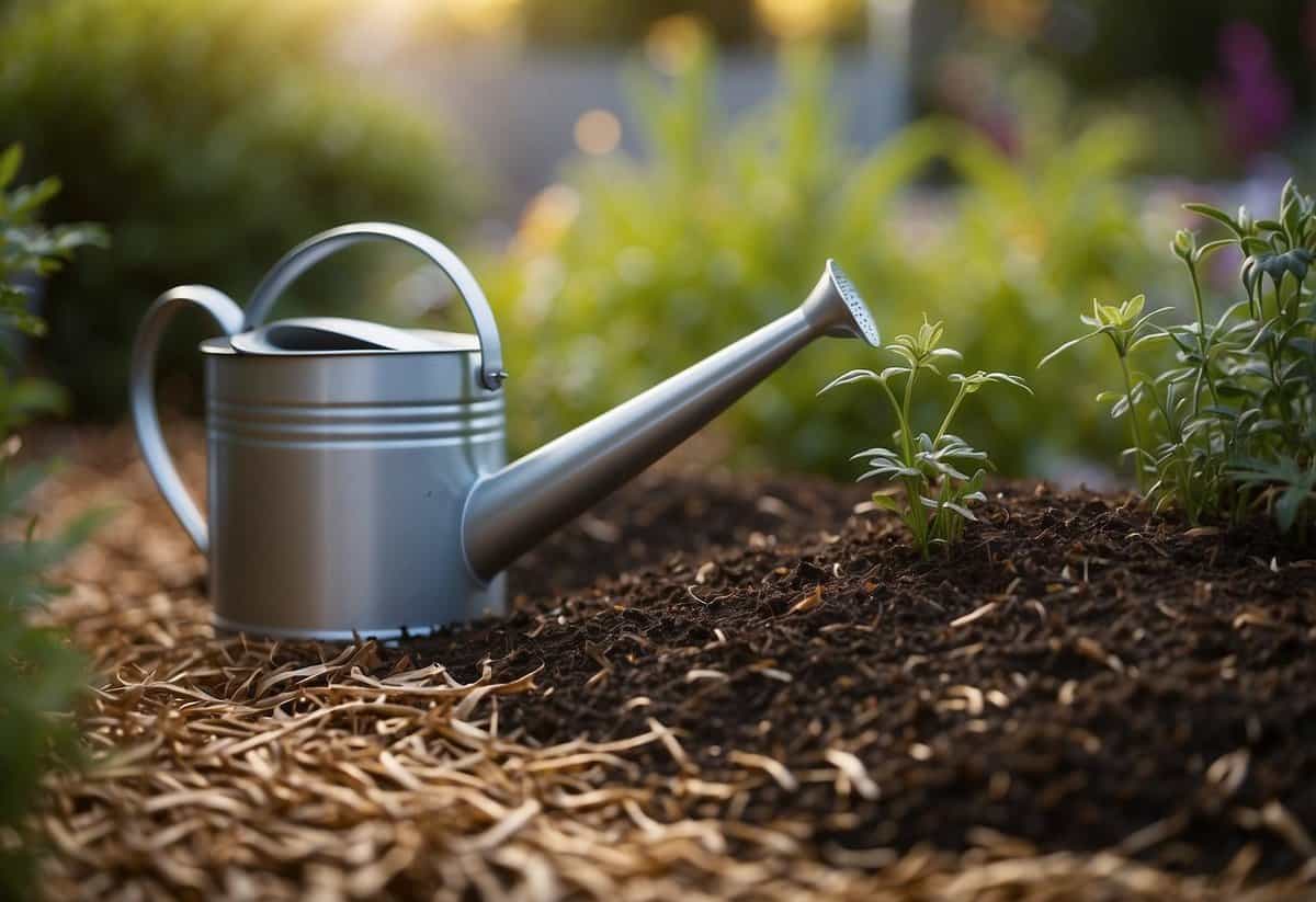 A garden bed covered in organic mulch, surrounded by native Australian plants, with a watering can nearby