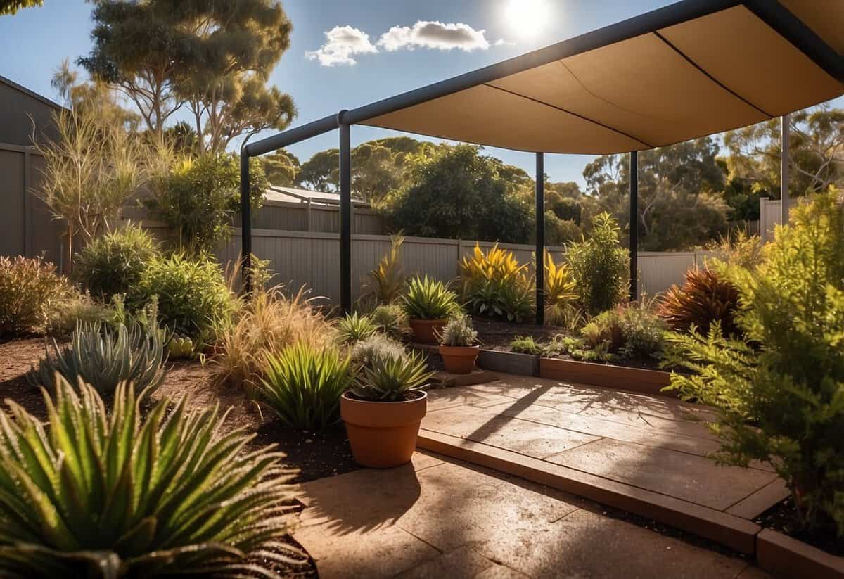 A sunny Australian garden with drought-resistant plants, mulch, and a rainwater tank. A shade structure provides relief from the hot sun