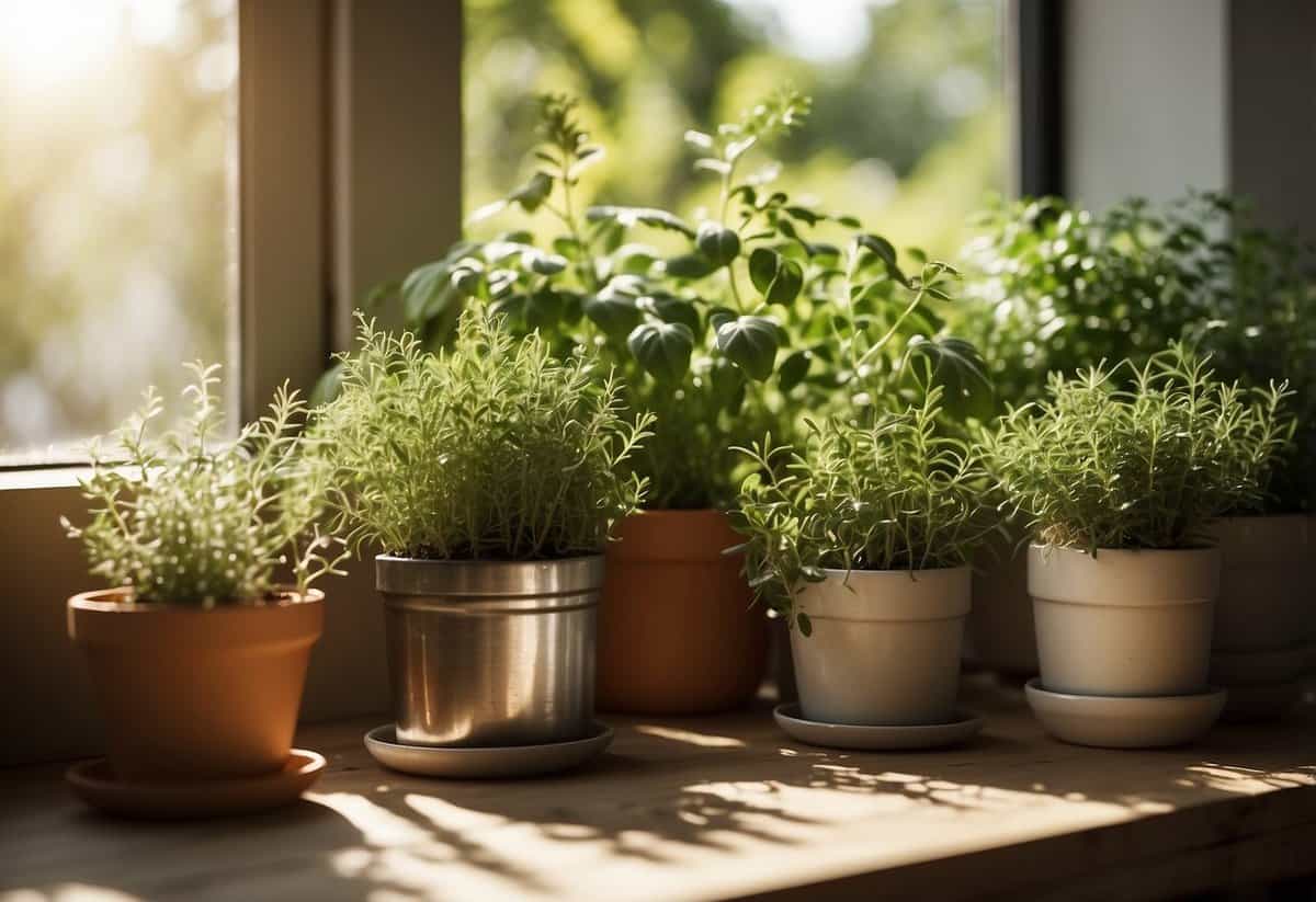 A bright, sunny corner with pots of herbs, surrounded by greenery and bathed in sunlight