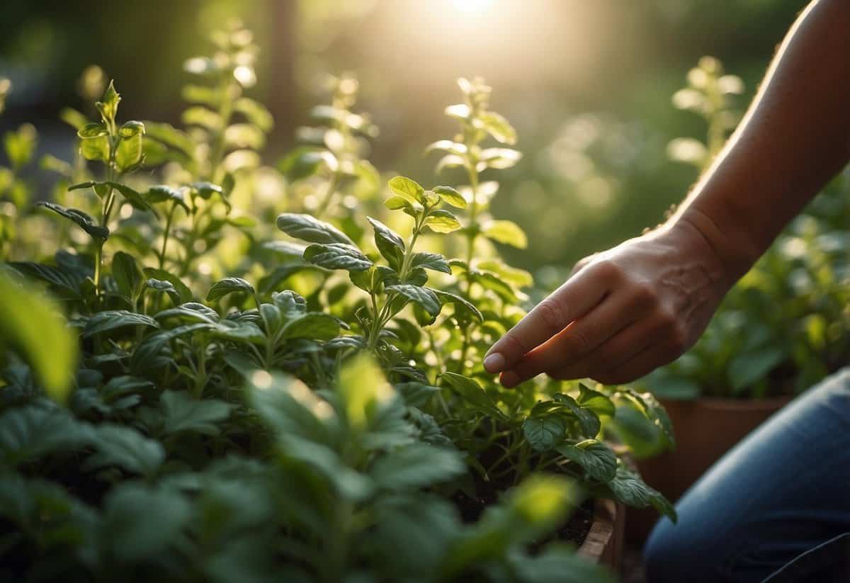 Morning sunlight illuminates a lush herb garden. A hand reaches for fragrant basil, vibrant mint, and delicate thyme. Dew glistens on the leaves, enhancing their fresh aroma