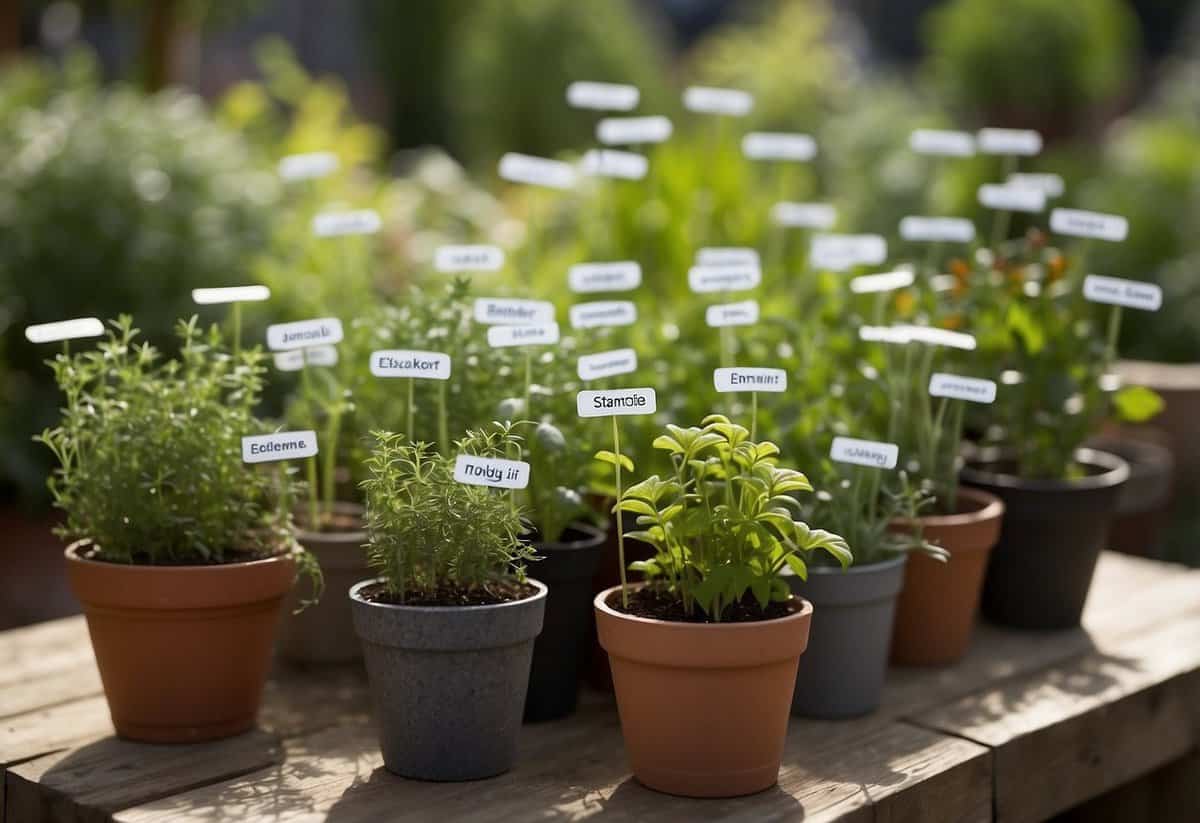 Herbs labeled with names on small stakes in a well-tended garden