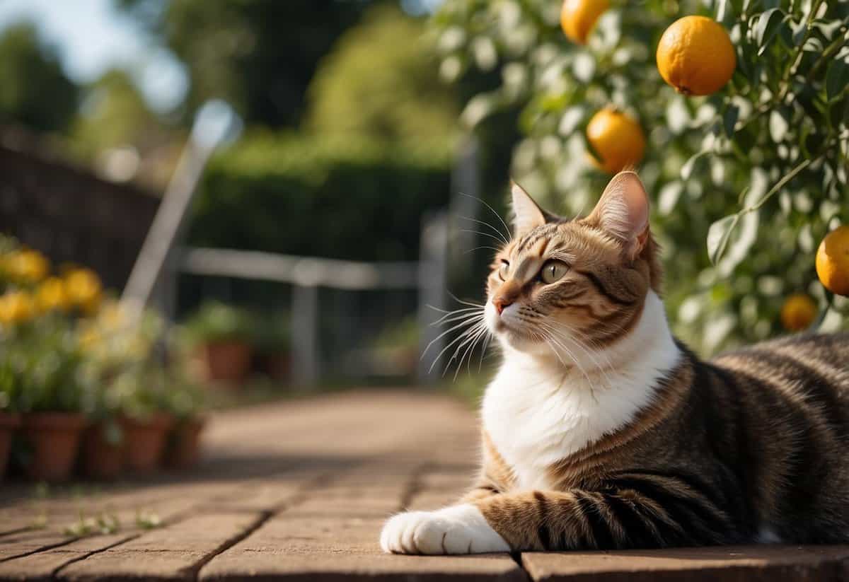 A fenced-off garden area with cat deterrents such as citrus peels and prickly plants. A sign reads "Designated Cat Area" with a cat lounging inside