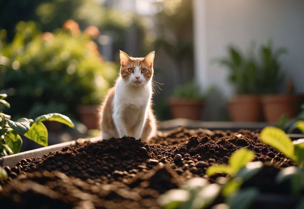 Coffee grounds scattered around garden beds, with cats turning away in disgust