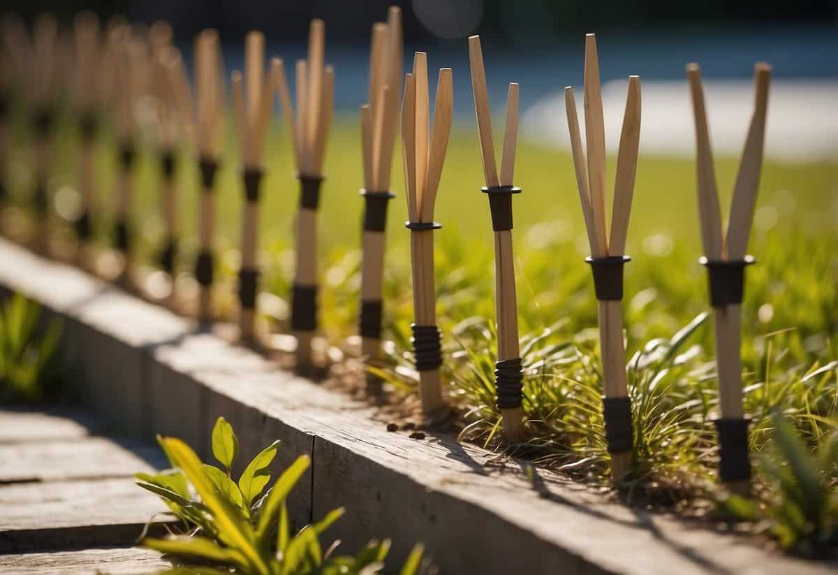 Wooden skewers lay on ground, forming a barrier around garden to deter cats