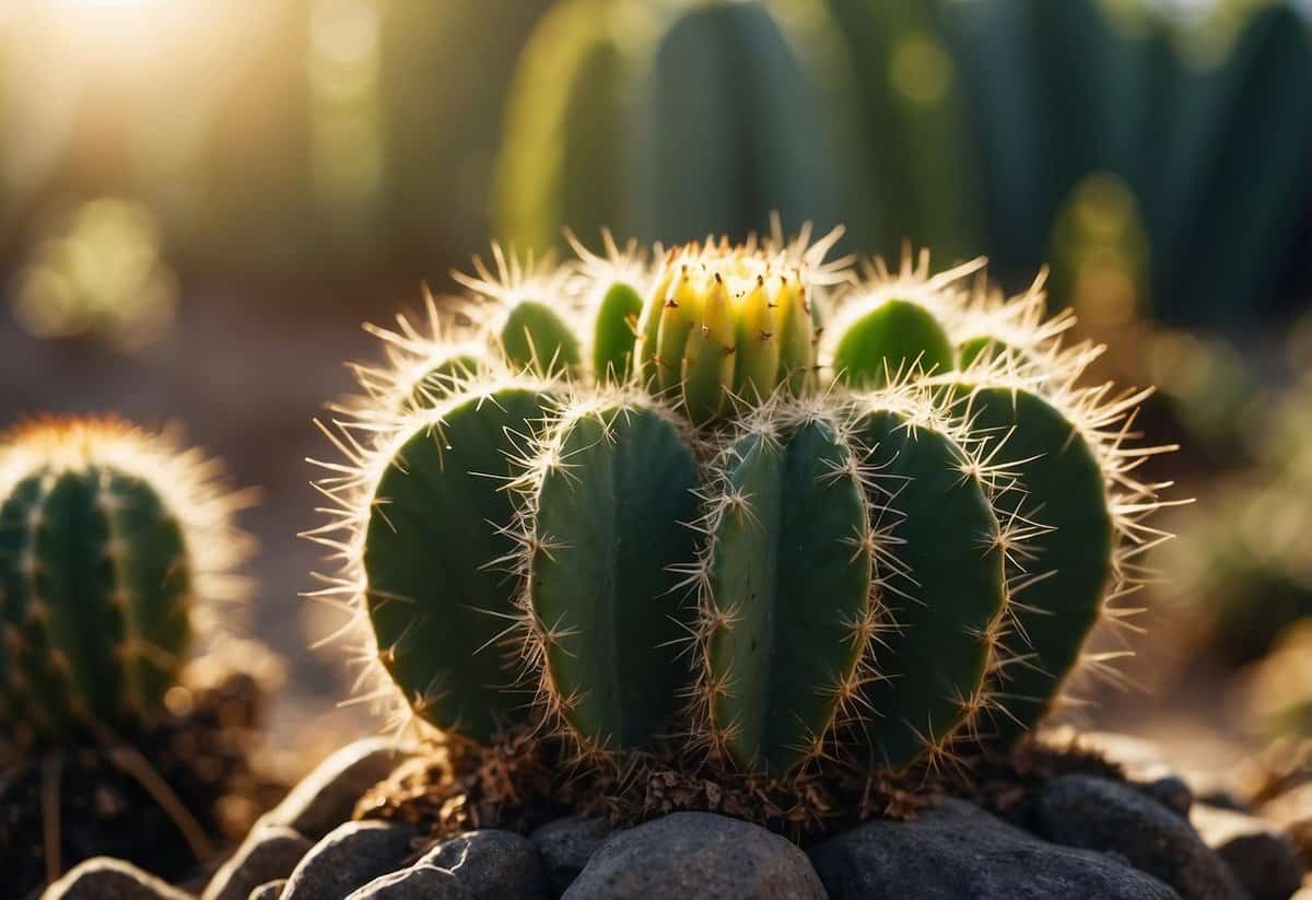 A sunny cactus garden with vibrant green and prickly plants, basking in the warm sunlight