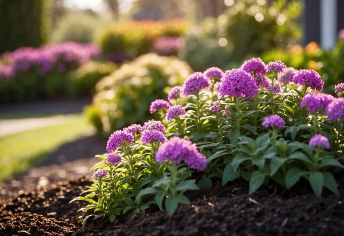 Fresh mulch being spread in a garden bed, surrounded by blooming flowers and newly pruned shrubs. Sunlight illuminates the vibrant colors of the plants