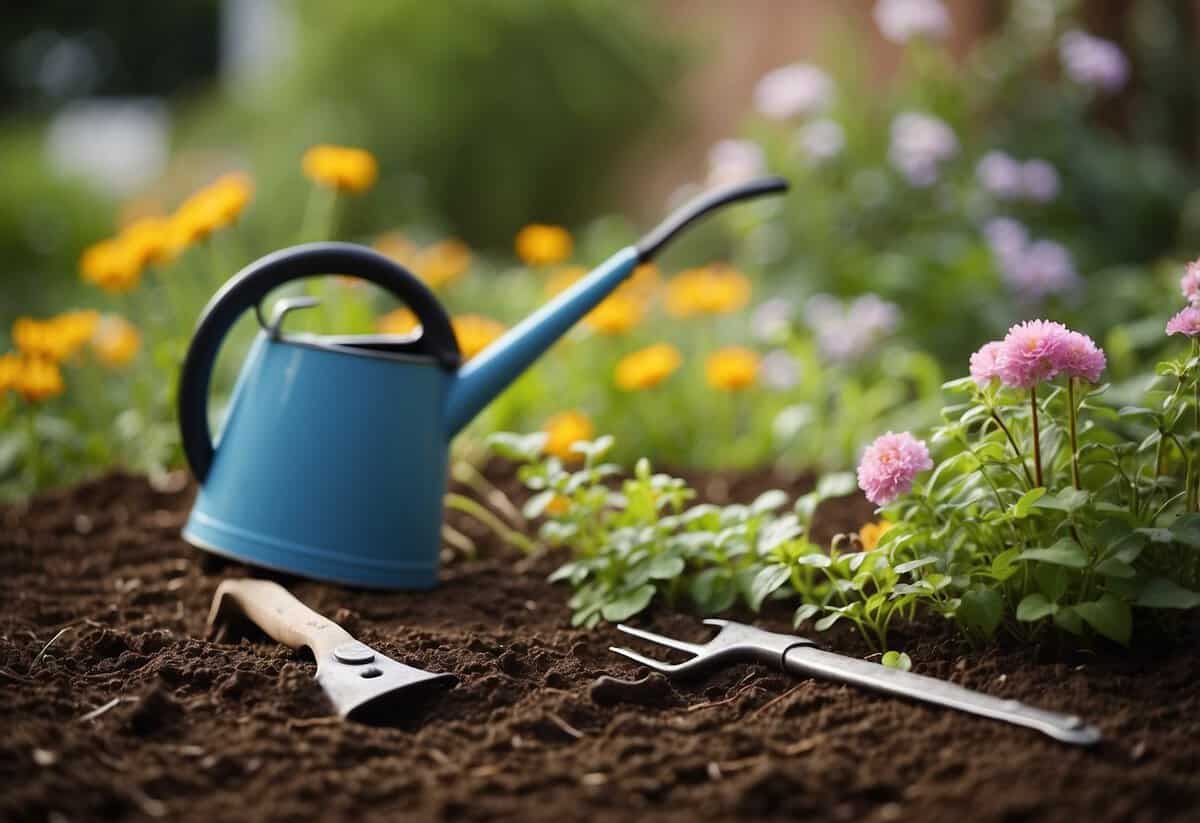 A garden rake clears away debris. A pair of pruning shears trims back overgrown plants. A watering can nourishes newly planted flowers