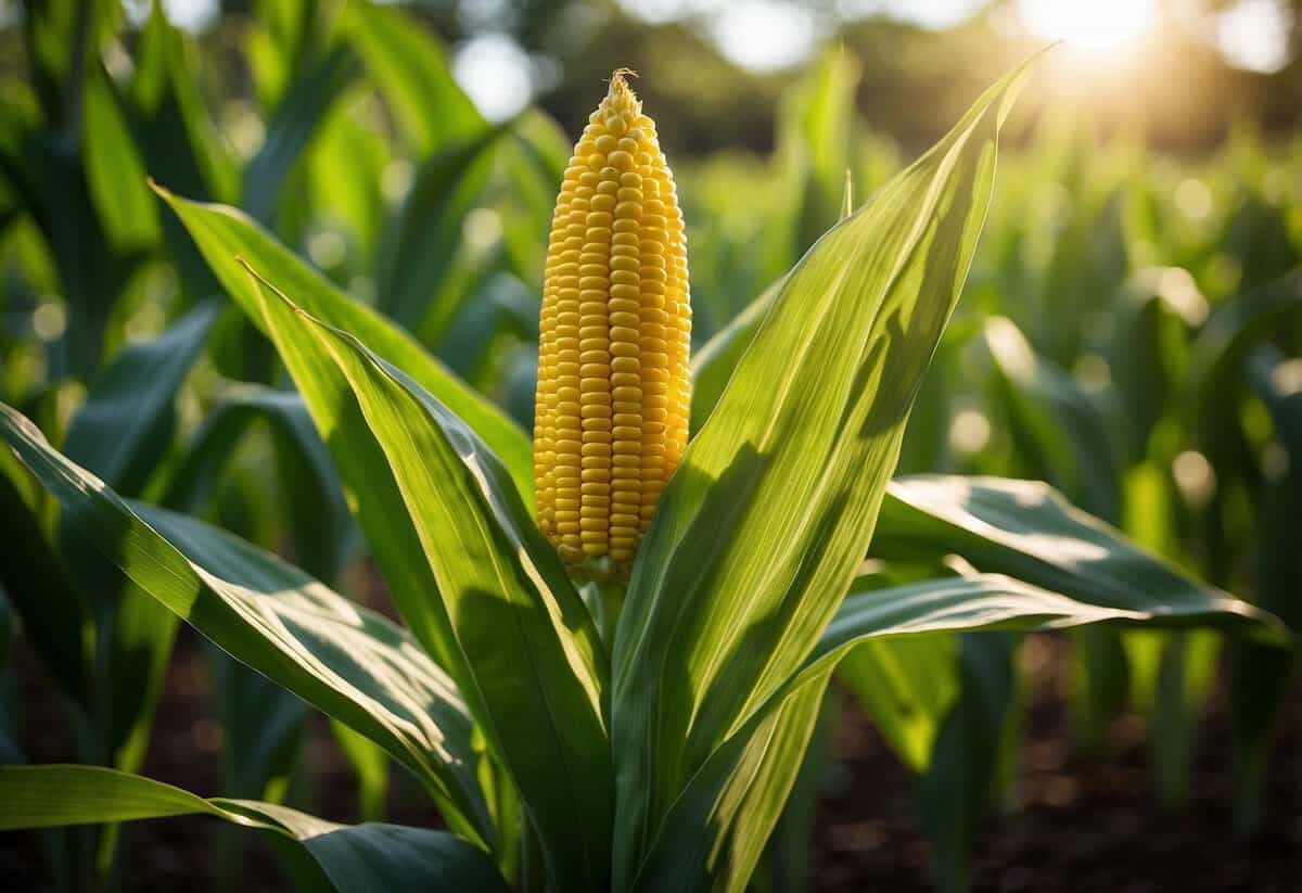 A vibrant sweet corn plant basks in the full sun, thriving in a well-tended garden. The lush green leaves and tall stalks reach towards the sky, promising a bountiful harvest