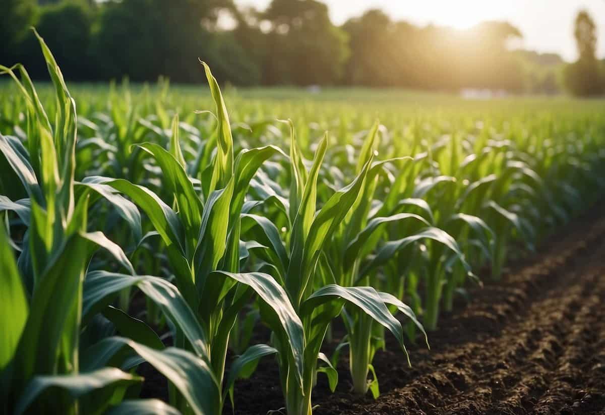 Lush green garden with rows of tall sweet corn plants, a gardener spreading fertilizer around the base of the plants