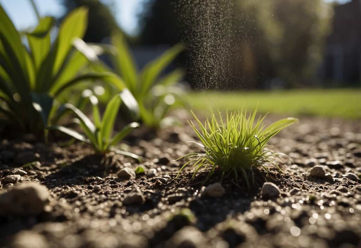 Epsom salt being sprinkled around the base of plants in a garden, with roots reaching out to absorb the nutrients