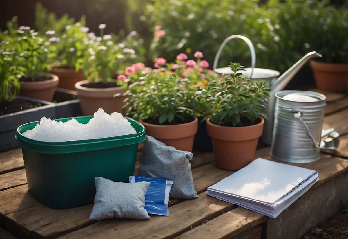 A garden bed with plants surrounded by bags of epsom salt, a watering can, and a gardener's notebook with tips and precautions