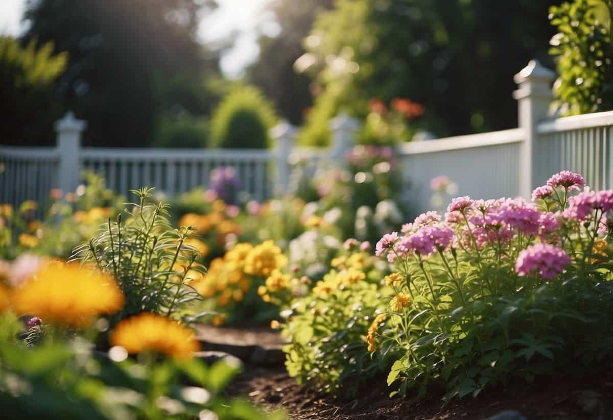 A sunny garden with vinyl fencing, surrounded by lush greenery and colorful flowers