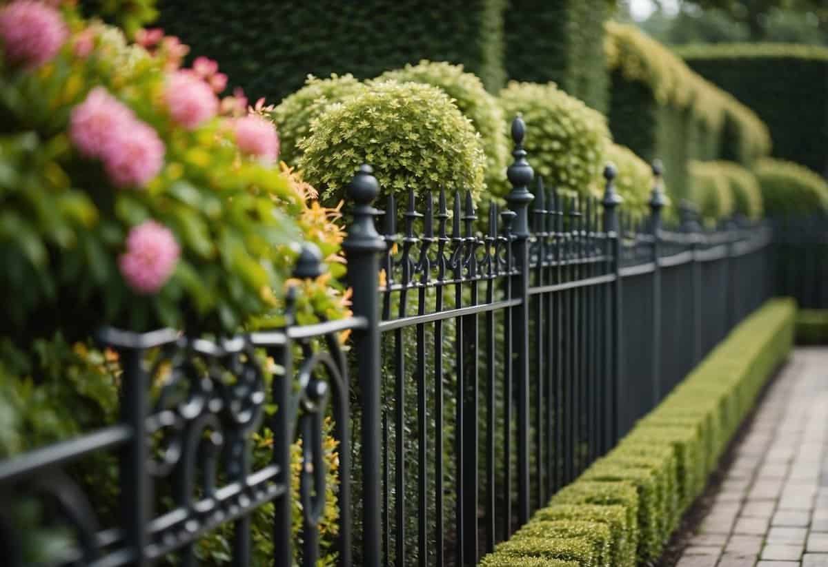 A lush garden with ornate iron fencing encircling vibrant flower beds and manicured hedges