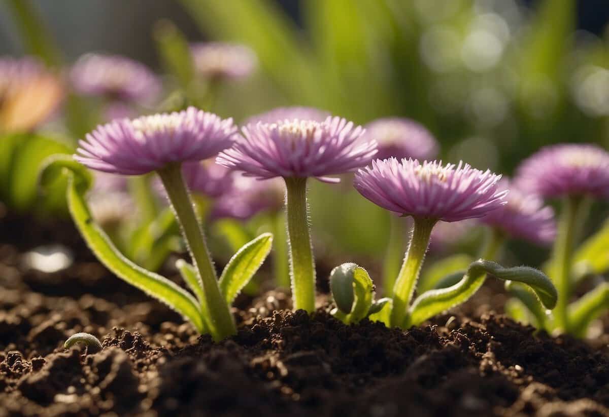 Vibrant flowers bloom in a garden as wiggly worms work the soil, enriching it with natural fertilizer