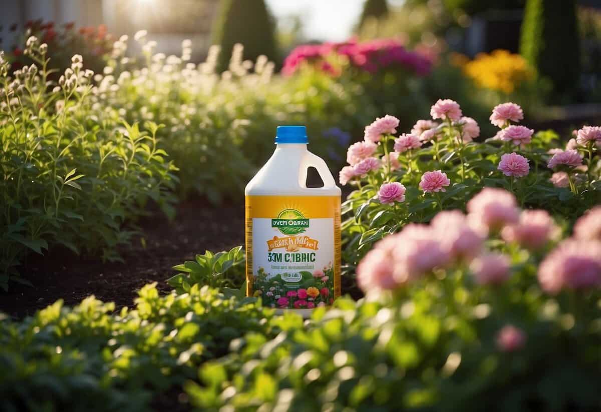 A lush garden with blooming flowers, surrounded by bags of Dr. Earth Organic 5 fertilizer. The sun shines down, creating a vibrant and healthy environment