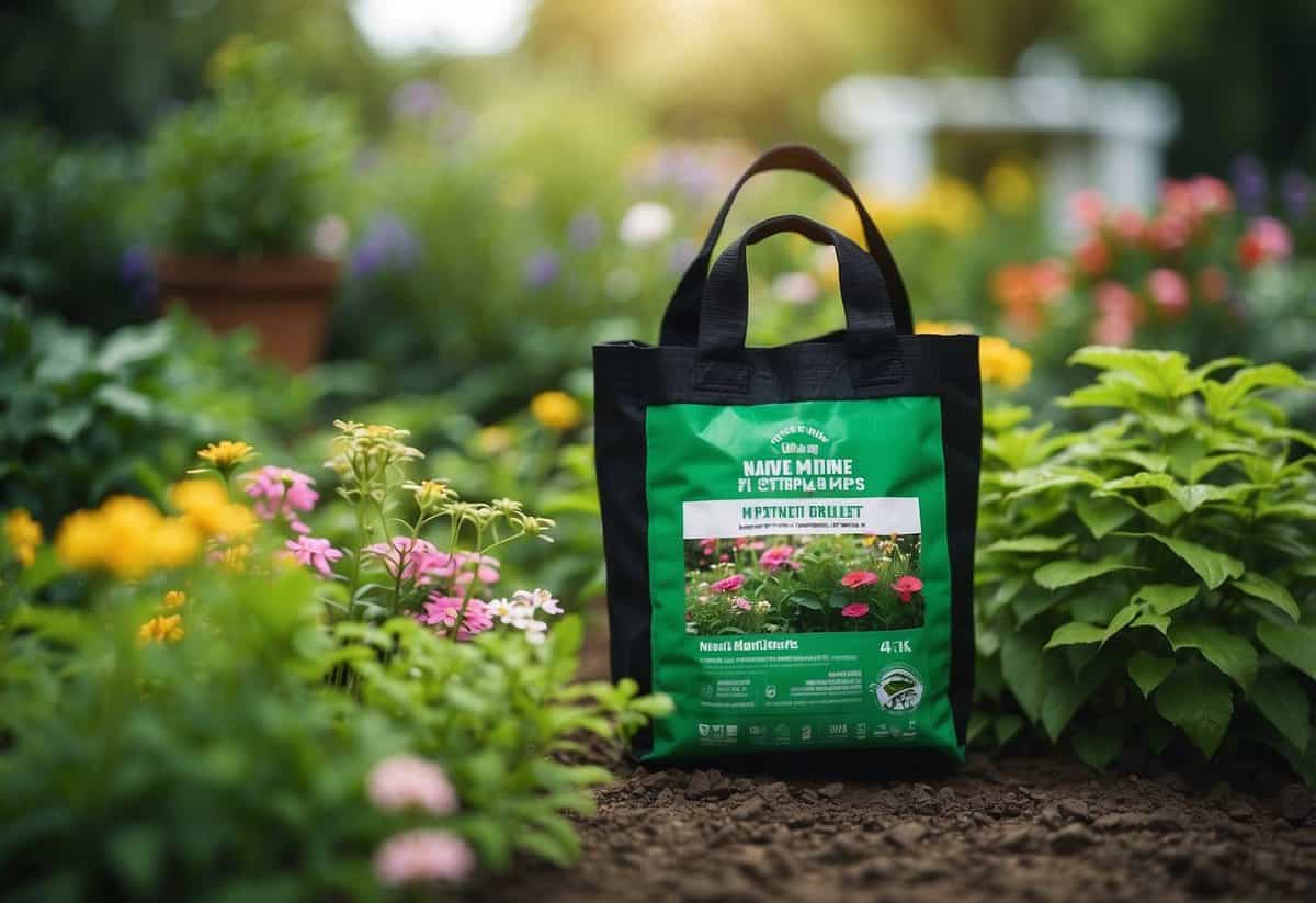 Lush garden with blooming flowers, a bag of Neptune's Harvest Hydrolyzed fertilizer nearby, and vibrant green plants thriving