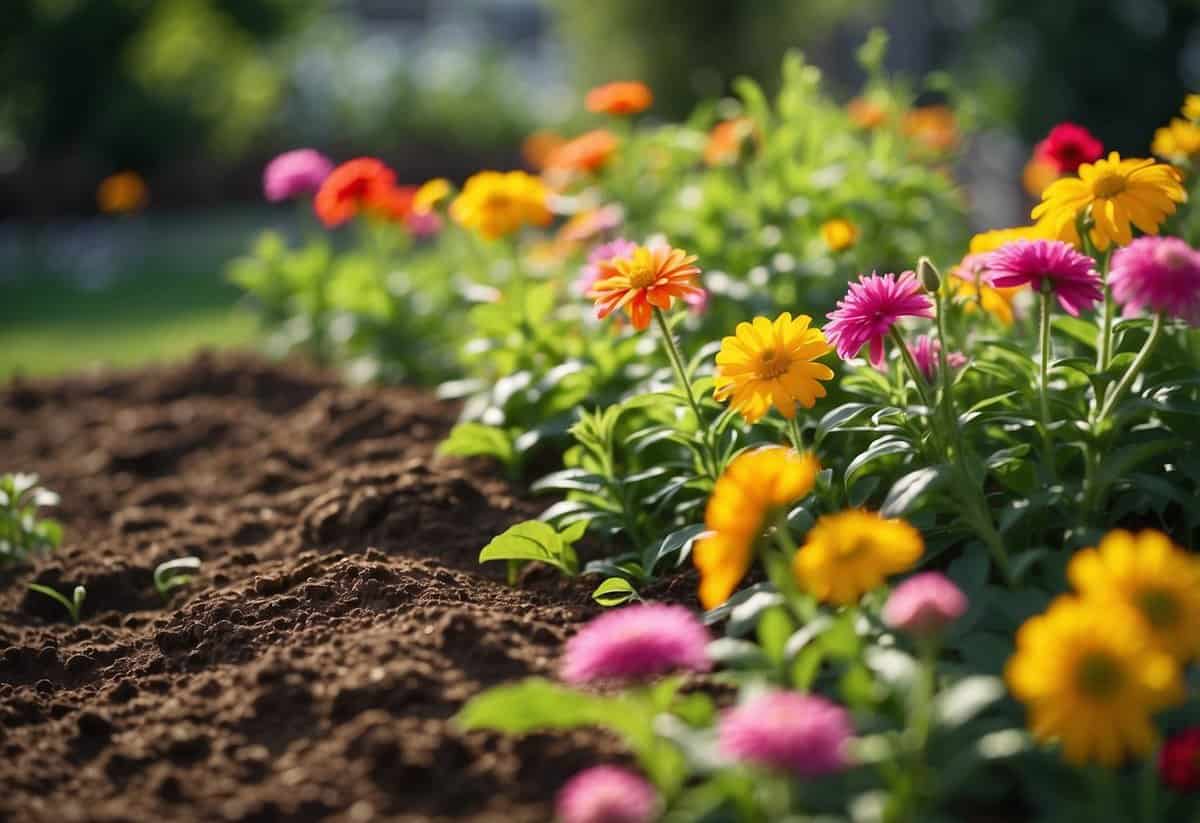 Vibrant flowers bloom in a lush garden, surrounded by bags of Down To Earth All Natural fertilizer. The sun shines down, highlighting the healthy green leaves and colorful blossoms