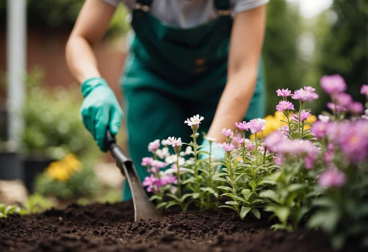 A gardener evenly spreads fertilizer around blooming flowers in a garden bed, following proper application tips