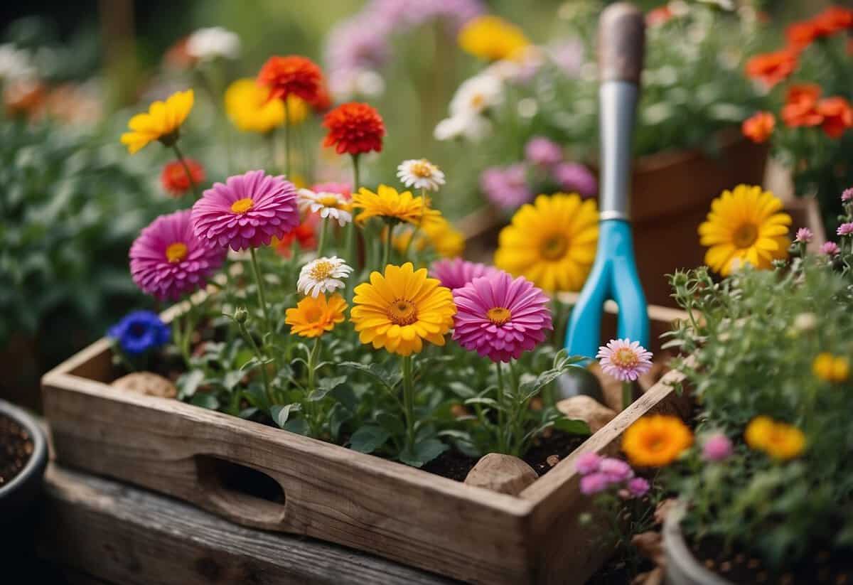 A garden bed filled with colorful seasonal flowers in bloom, surrounded by gardening tools and a packet of flower seeds