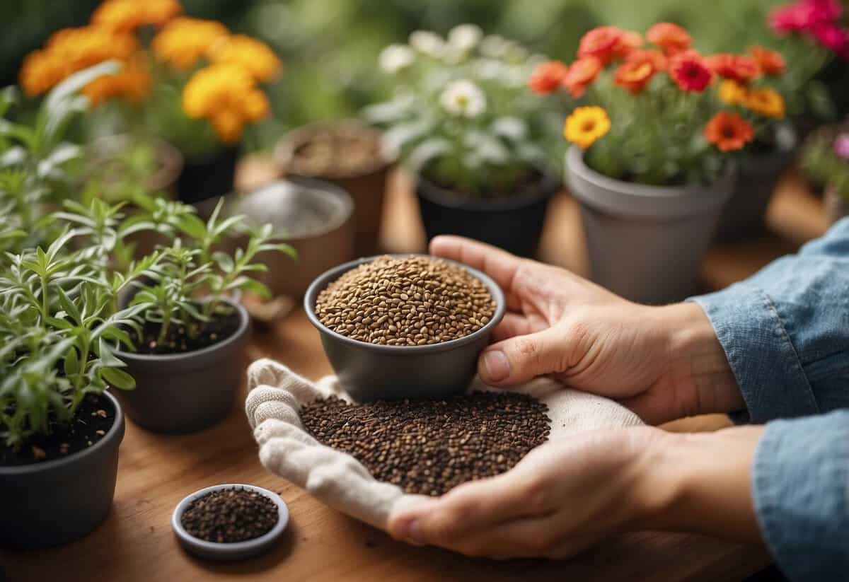 A hand holding quality seeds, surrounded by gardening tools and pots, with a packet of tips for starting a flower garden