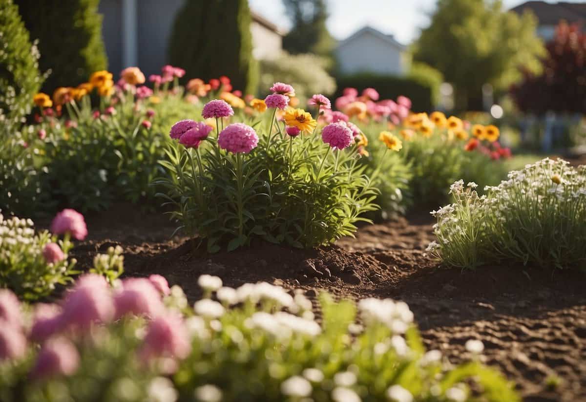 A sunny backyard with rich, well-drained soil, surrounded by a variety of colorful flowers in full bloom