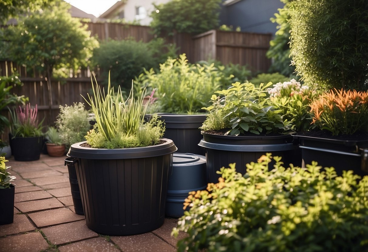 A lush garden with diverse plants, recycled materials, and water-saving features. Compost bins and rain barrels are strategically placed