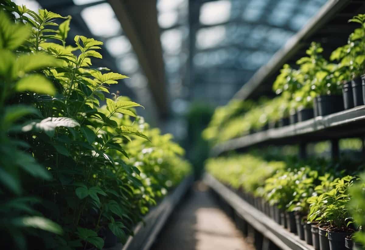 Lush green plants arranged in clusters based on their water requirements, with irrigation systems in place