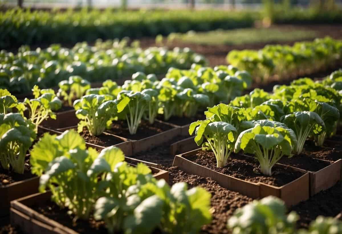 A well-organized vegetable garden with different plantings at various stages of growth, maximizing space and yield. Rows of vegetables like tomatoes, lettuce, and carrots are neatly arranged, with clear labels for easy identification