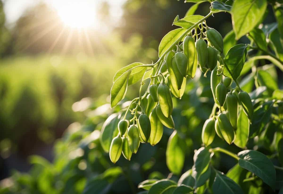 Sunlight dapples over a lush garden of snap peas, with vibrant green leaves and delicate tendrils reaching towards the sky