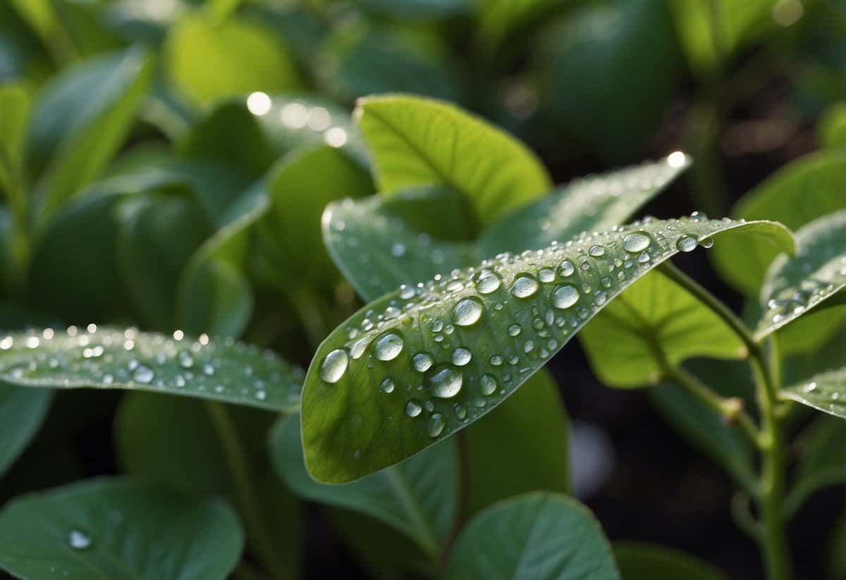 Lush garden soil with water droplets on snap pea leaves