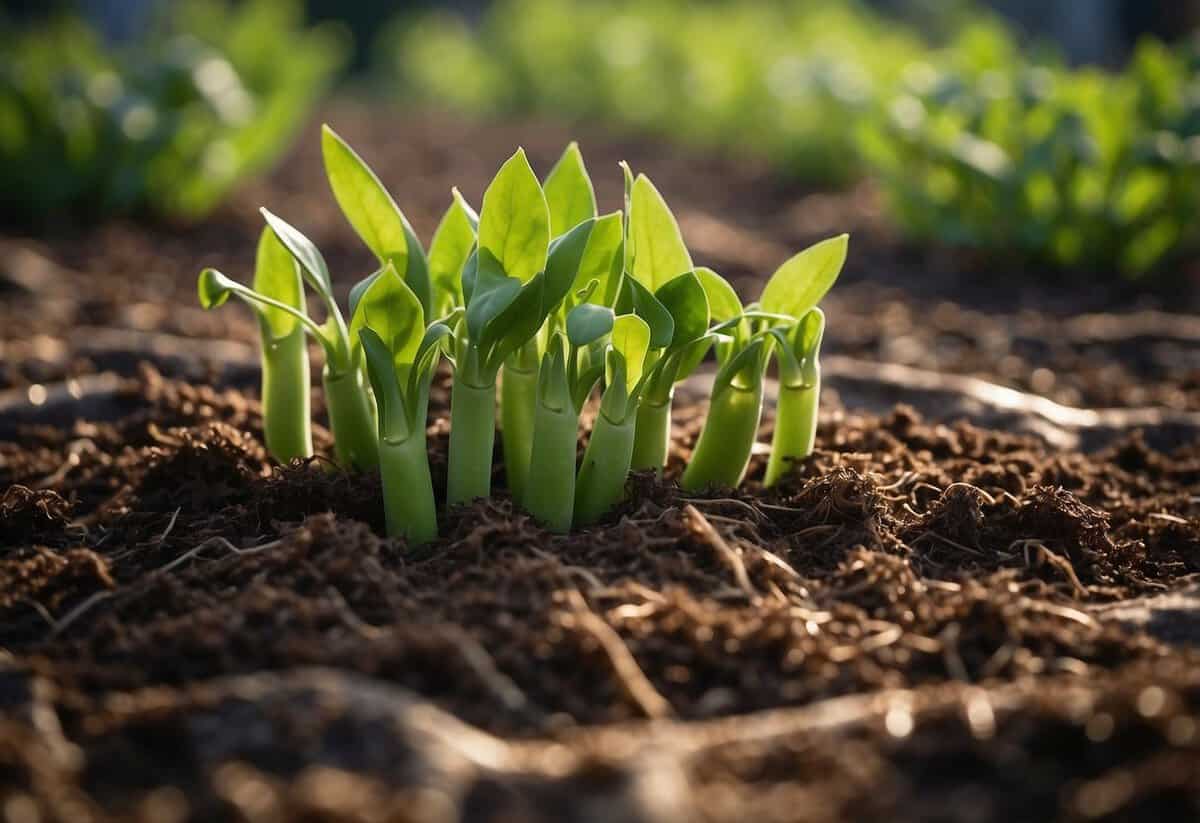 A garden bed with snap pea plants surrounded by mulch to retain moisture