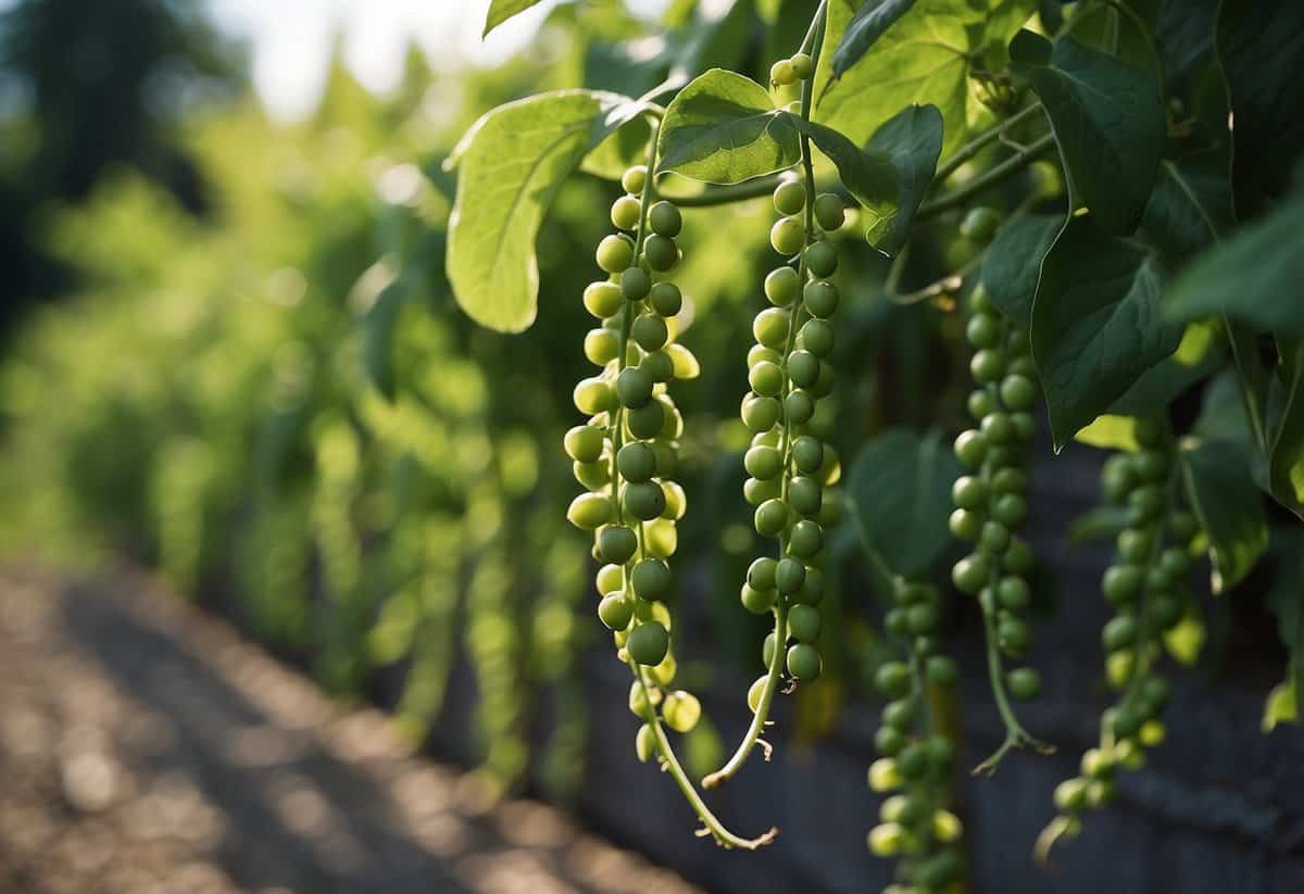 Pea pods snap off vines in a garden