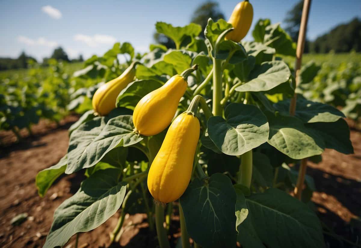 A vibrant summer squash garden bathed in sunlight, with lush green leaves and bright yellow squash growing on the vines