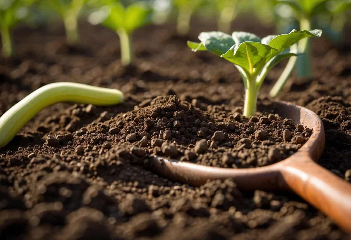 The soil is being tested and prepared for a summer squash garden, with tools and supplies laid out nearby