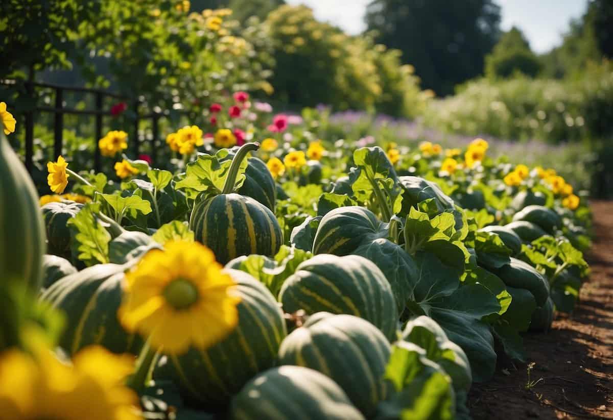 A lush garden with various summer squash varieties growing in neat rows under the warm sun, surrounded by vibrant green foliage and colorful blossoms