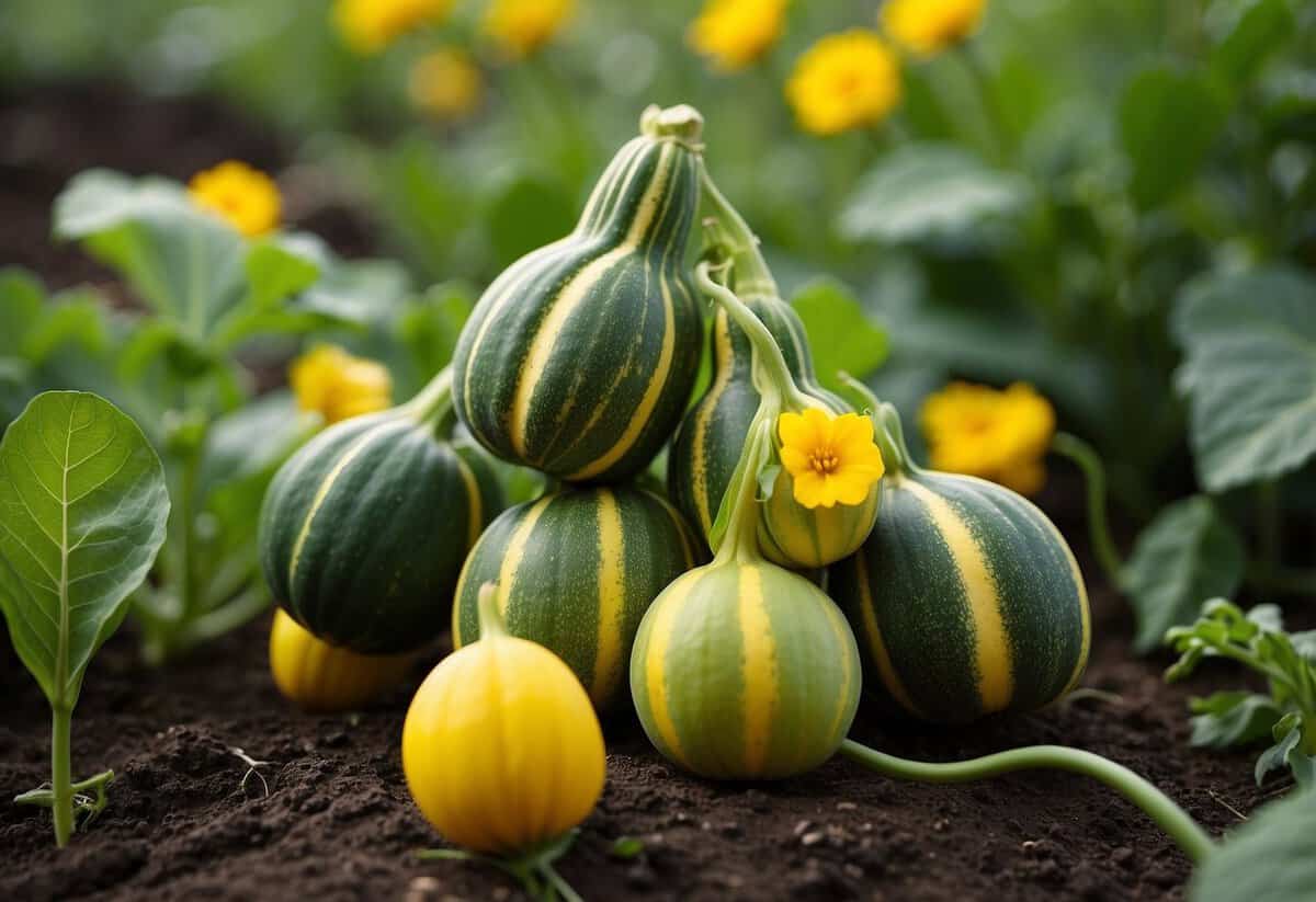 Lush green summer squash plants growing in a well-tended garden, with bright yellow flowers and small, developing fruits