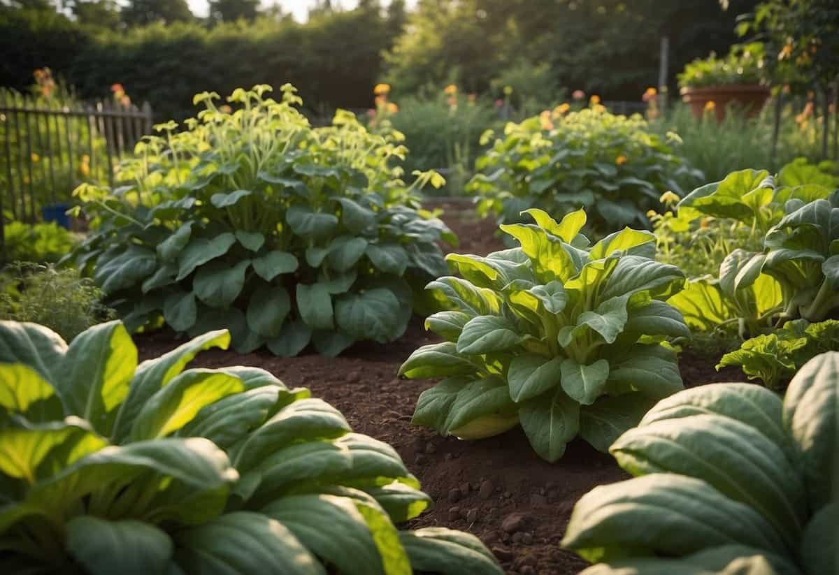 Lush garden with vibrant summer squash plants, labeled "Quality Seeds," thriving under the sun with healthy green leaves and budding vegetables