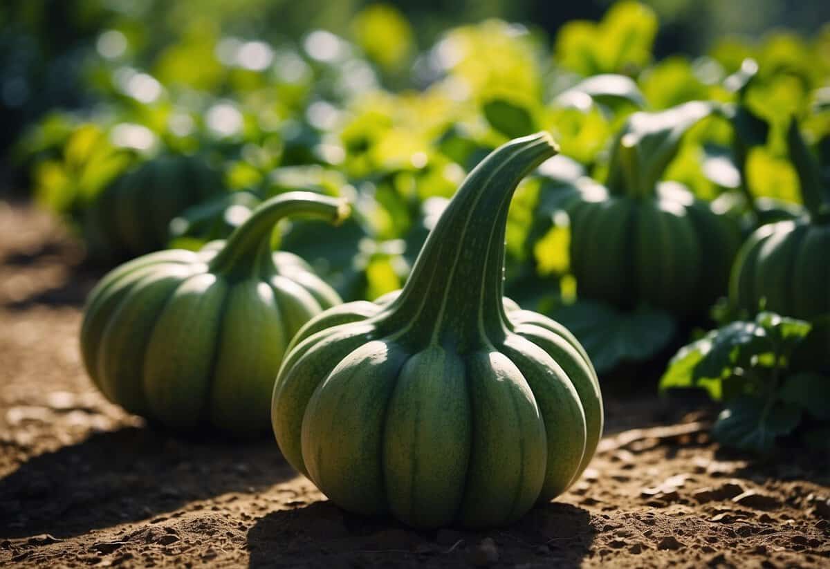 Lush green garden with ripe summer squash ready for harvest. Sunlight filters through the leaves, casting dappled shadows on the ground