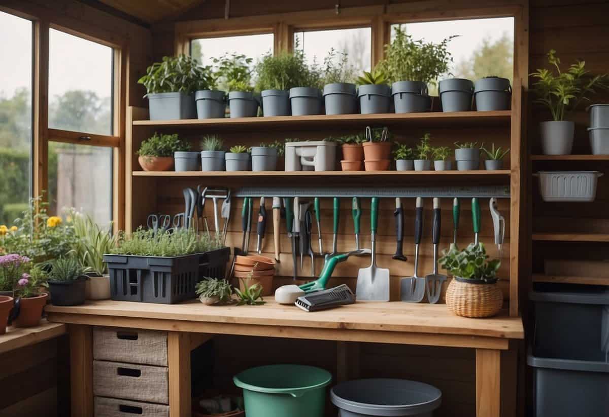 A tidy garden shed with labeled shelves and storage bins for tools and supplies. A workbench with neatly arranged gardening equipment