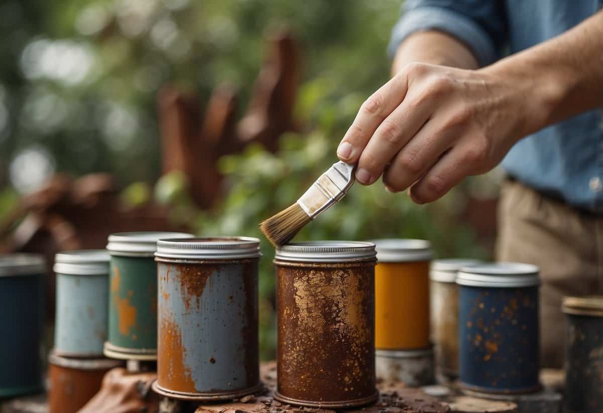 A hand holding a paintbrush applies rust-proof paint to a metal garden art sculpture, surrounded by various paint cans and brushes