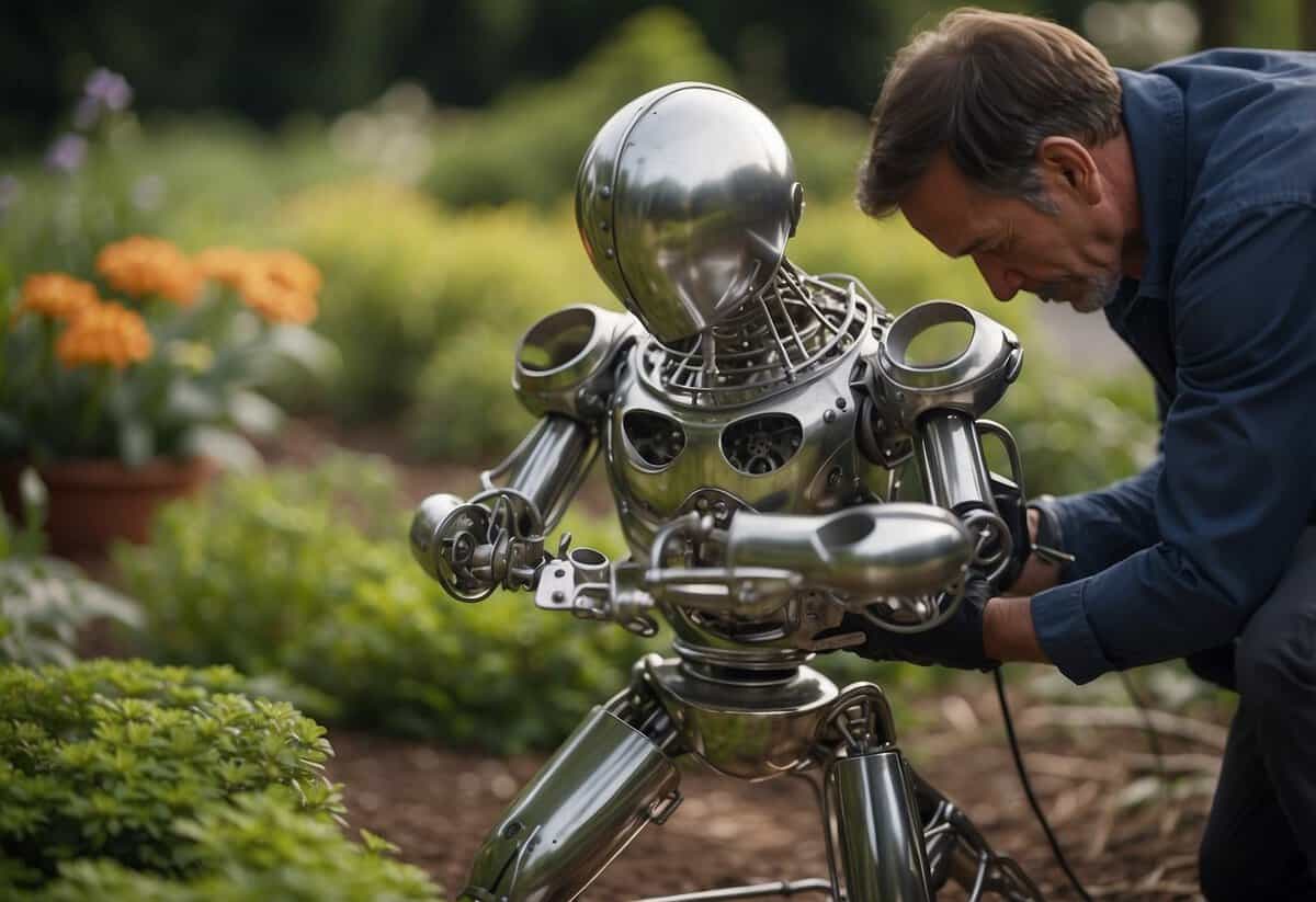 Metal garden art being inspected for maintenance, focusing on joints and connections