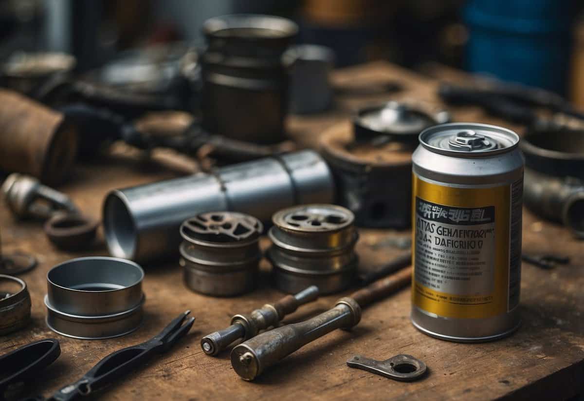 Metal garden art being oiled in a workshop, with a can of lubricant and various tools nearby