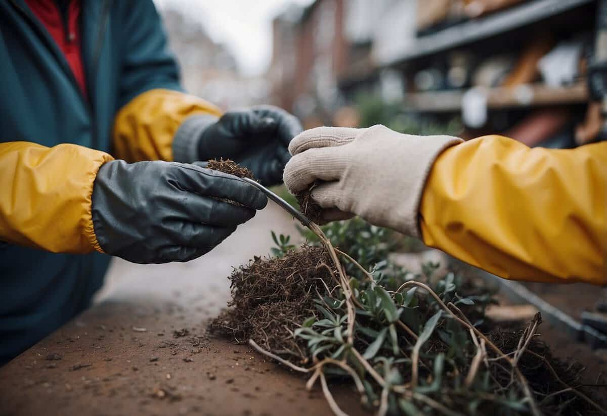 A person uses gloves to wipe down metal garden art with a cloth and apply a protective coating, inside a cozy store during the winter